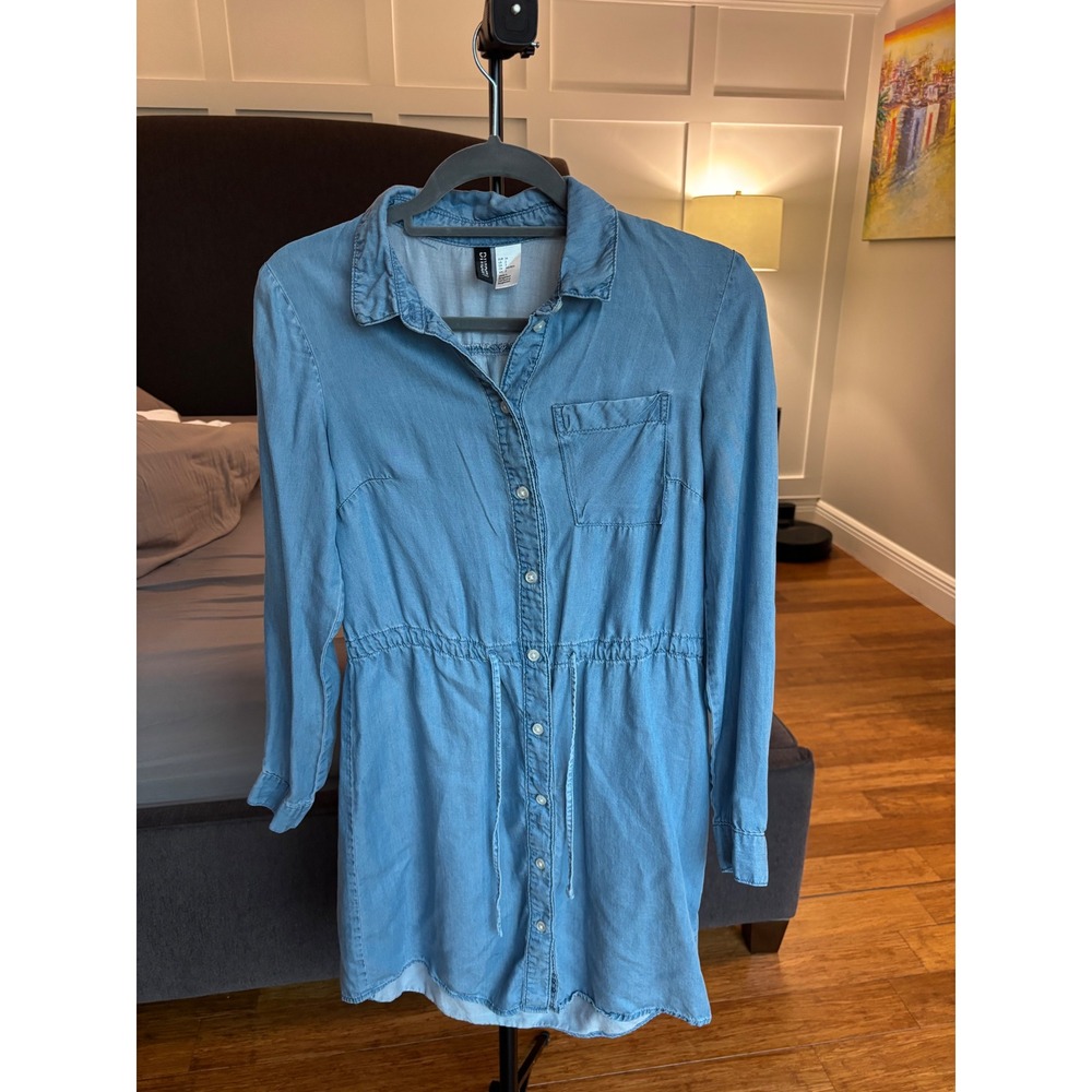 H&M Divided Light Wash Chambray Lyocell Button Down Shirt Dress Blue Size 2